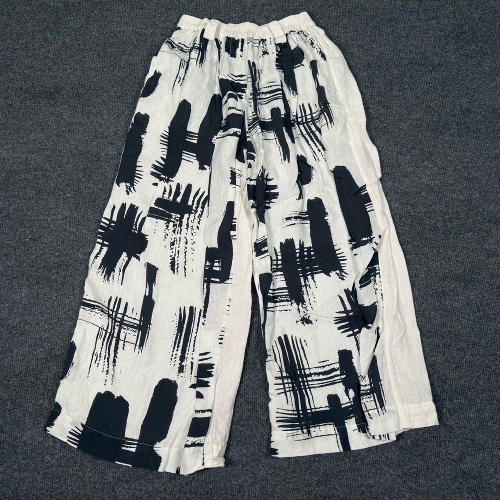 Mara Gibbucci Womens 100% Linen Abstract Print Wide Leg Pants White Black Small